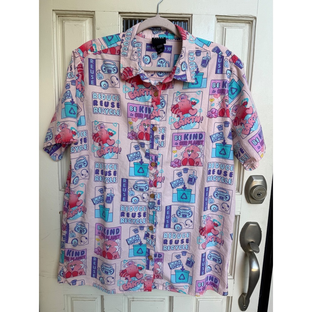 Pixar Turning Red Earth Day Red Panda Button Up‎ Shirt Short Sleeve Size Large